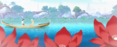 Actarus et Végalia profitent de la beauté d'Euphor en canoé sur un lac.