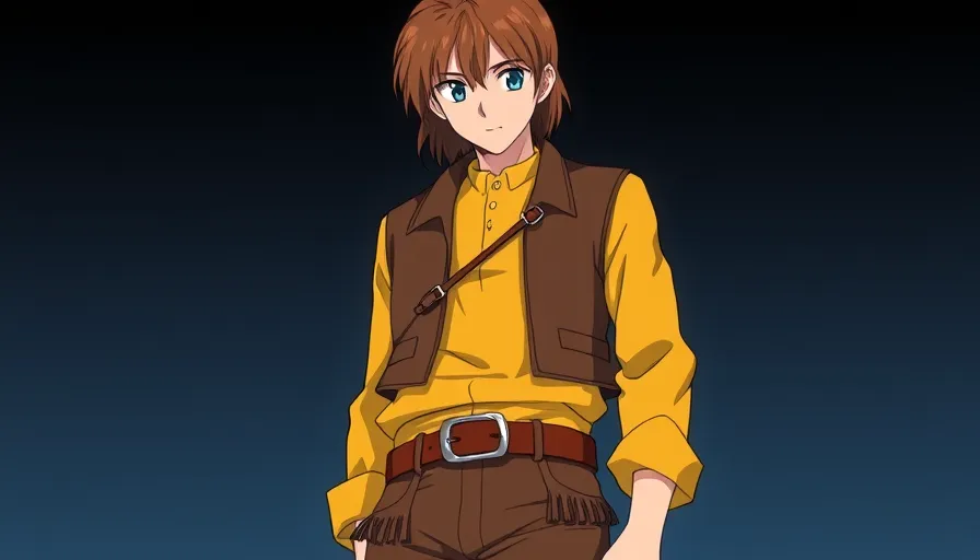 an_adult_male_character_with_medium_length_brown_hair_and_blue_eyes__wearing_a_long_sleeved_yellow_jersey__a_brown_cowboy_waistcoat_-c2481b20-d20d-402c-805d-c09ff33efc7c.webp